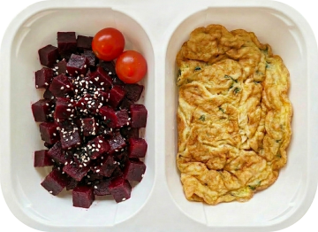 French omelette with seasame beetroot and grilled tomatoes