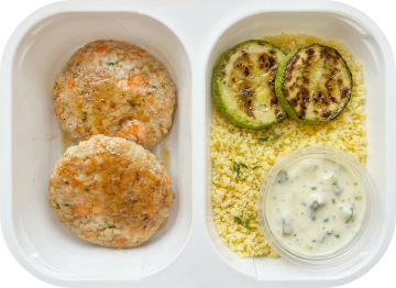 Fish cutlets with grilled marrow, tartar sauce and couscous